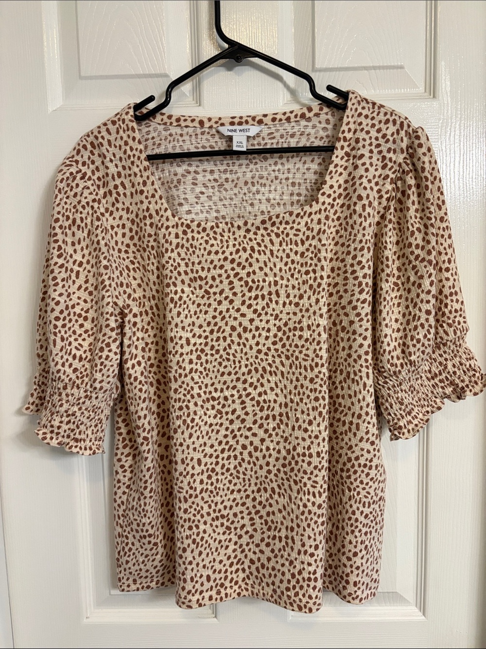 Nine West Cream Blouse with Brown Spot Print and Square Neck
